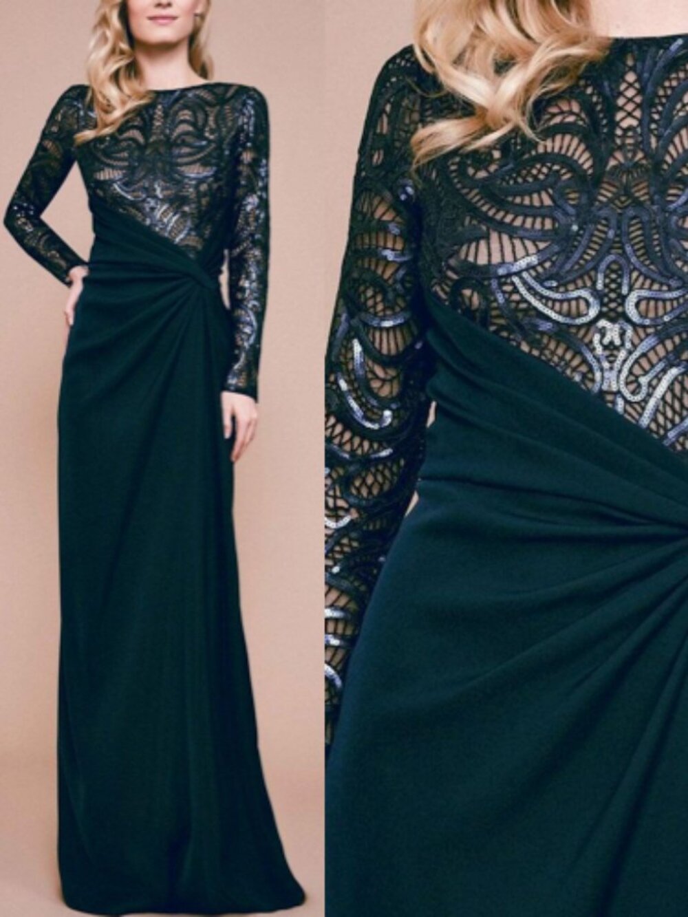 NWT Tadashi Shoji Amir Long-Sleeve Crepe Sequin Gown Dress Navy Nude size 16